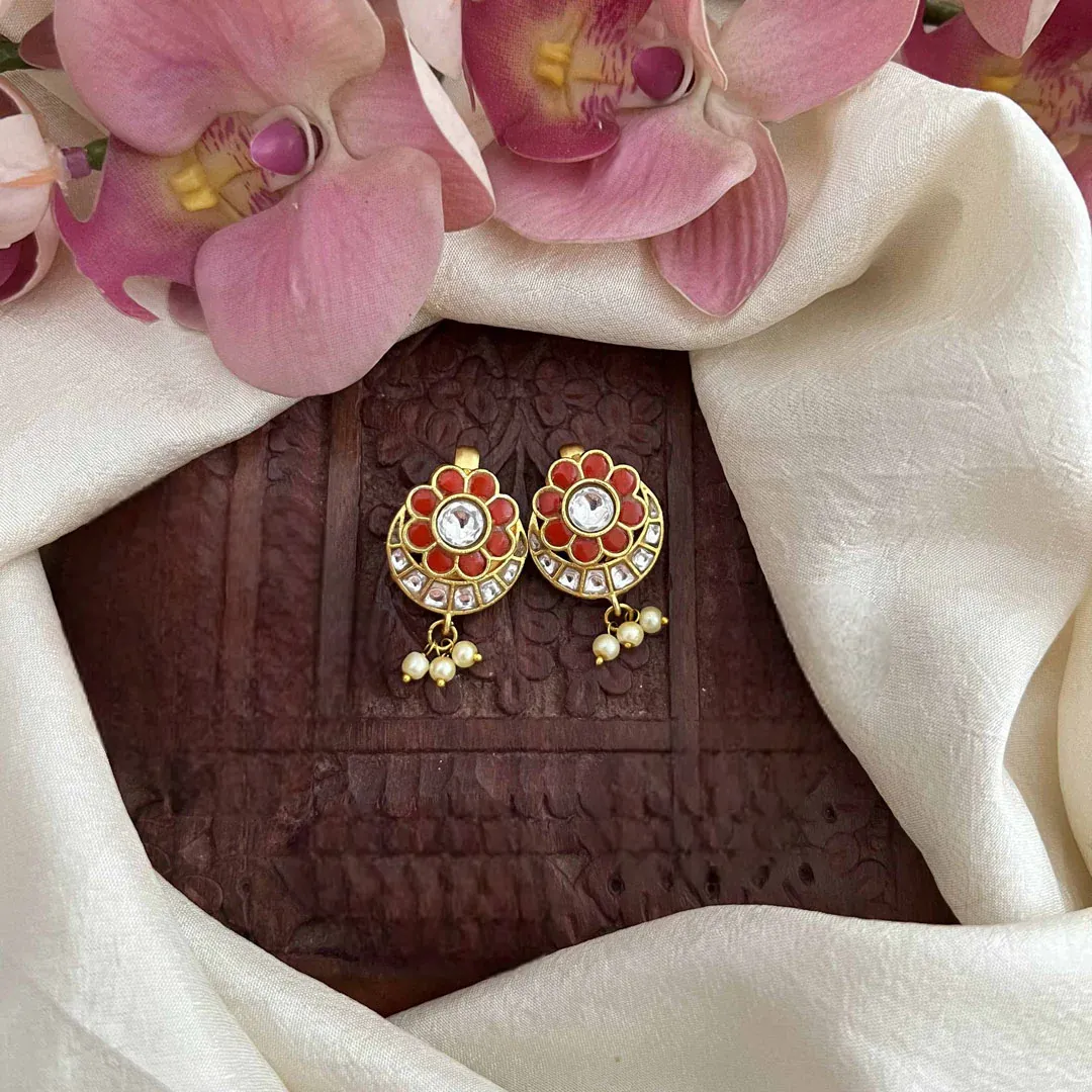 Chandbali Style Kundan Jadau Press Bugadi - Orange White Pearls